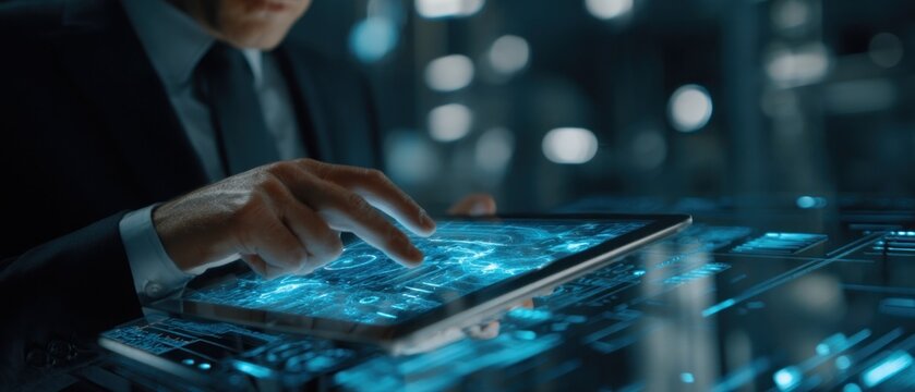 Person using futuristic tablet with glowing blue data interface