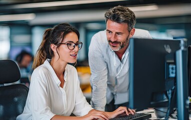 A man and woman collaborate at a computer in a modern office, the woman typing while the man looks on, offering guidance or support