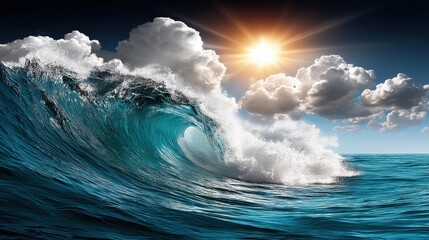 Vivid ocean wave crashing with sunlight and clouds in the sky