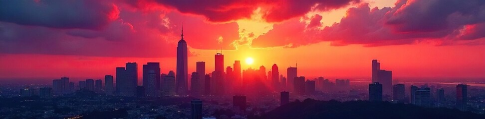 Fototapeta premium Vibrant Sunset Colors Paint City Skyline Silhouette at Golden Hour, Perfect for Travel and Cityscape Photography