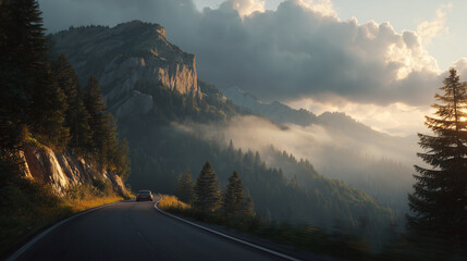 Scenic mountain road with a car driving through misty forest landscape at sunset