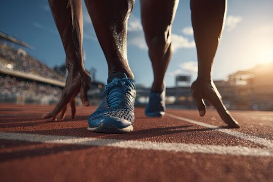 Low-angle close-up of runner's legs and hands in starting blocks on a red track, stadium in background, sunlit