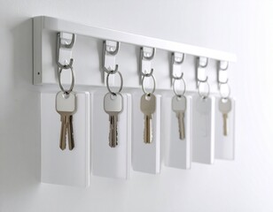 keys hanging on key holder on white wall