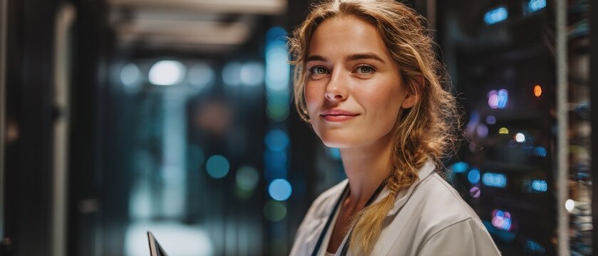 Confident young woman in server room technology portrait
