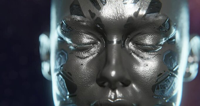 A futuristic humanoid robot with metallic skin and embedded circuits stands still with eyes closed, moments before awakening. The image captures a blend of humanity and advanced technology. - Powered by Adobe