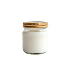  Glass jar filled with creamy yogurt, topped with a gold lid, isolated against a white background. The simple design highlights the purity and freshness of the yogurt inside.