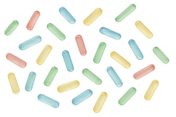 Multicolored pharmaceutical capsules randomly dispersed against transparent surface, representing pharmaceutical variety and medical complexity