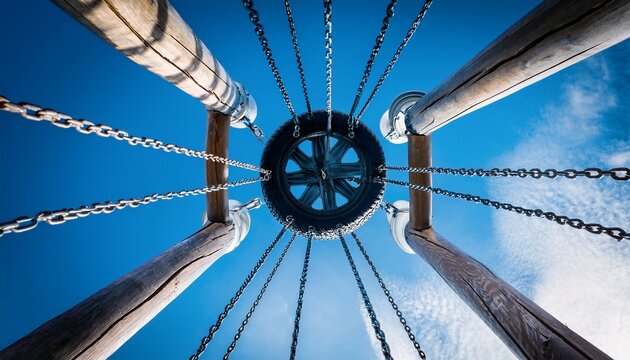 looking up through a tire swing chains against a blue sky shows freedom relaxation and possibilities for the future
