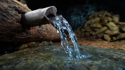 Clear spring water flowing from a hollow log in nature