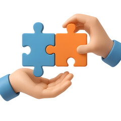 Obraz premium Cartoon hands connecting blue and orange puzzle pieces, on a black background