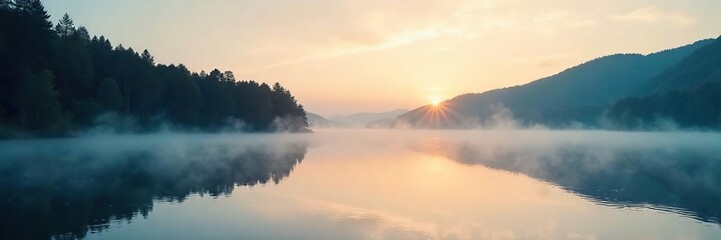 Serene Dawn Lake Mist Rising Over Tranquil Water, Reflecting Soft Light, Peaceful Nature Scene, Ideal for Travel and Serenity Themes