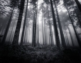 Fototapeta premium mysterious foggy black and white forest with tall trees and fading perspective perfect for nature themes horror stories calm atmosphere or conceptual photography