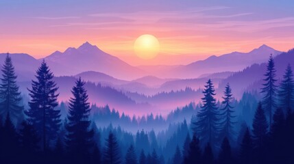 Fototapeta premium a mountain landscape with pine trees and a sunset