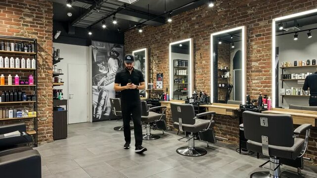 Modern salon interior with brick wall and illuminated mirrors