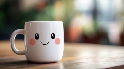 a white coffee cup with a smiley face on it