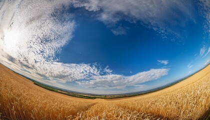 fish eye view of cloudy blue sky and golden field landscape great for creative projects needing a unique dreamy perspective