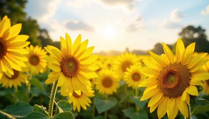 Fototapeta premium Golden Sunlight Bathes Vibrant Yellow Sunflowers in a Summer Field, creating a cheerful and happy scene stretching to the horizon. Perfect for summer, nature, and happiness themes.