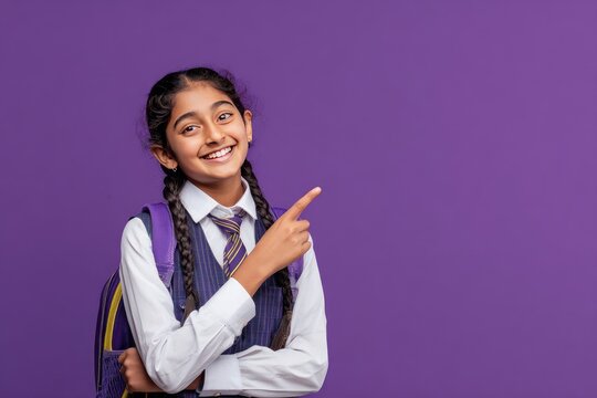 Smiling schoolgirl in uniform with backpack, pointing right against a purple backdrop - Powered by Adobe