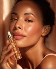 Beautiful woman holding face serum