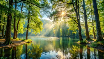 Dense forest with tall trees standing under a warm sunbeam breaking through leaves and filtering onto a tranquil lake surface