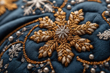 Fototapeta premium Blue and gold embroidered pillow up close.
