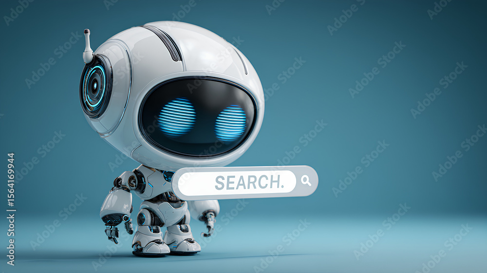 Fototapete AI robot character 3D graphics that pops up a search bar Stock Illustration