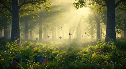 Obraz premium Enchanting Sunlit Forest: Butterflies Dance in Misty Dawn