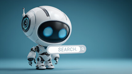 AI robot character 3D graphics that pops up a search bar Stock Illustration