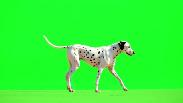 Dalmatian dog walking with green screen background, perfect for compositing.