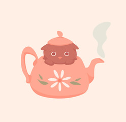 Fanny and cosy illustration of a cat looking out of a teapot in warm, pastel, brown and beige colours. Perfect for stickers, greeting cards, autumn decor, or social media graphics, print, stationery