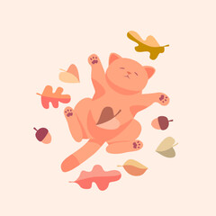 Cosy autumn illustration of a cute cat lying in yellow leaves. Warm, pastel colours, autumn mood. Perfect for stickers, greeting cards, autumn decor, or social media graphics, print, stationery