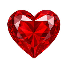 Faceted heart-shaped gemstone, deep red color with shiny reflections, isolated on black