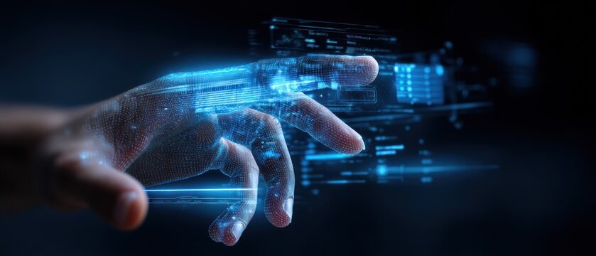 Digital hand interacting with futuristic interface technology and innovation concept - Powered by Adobe