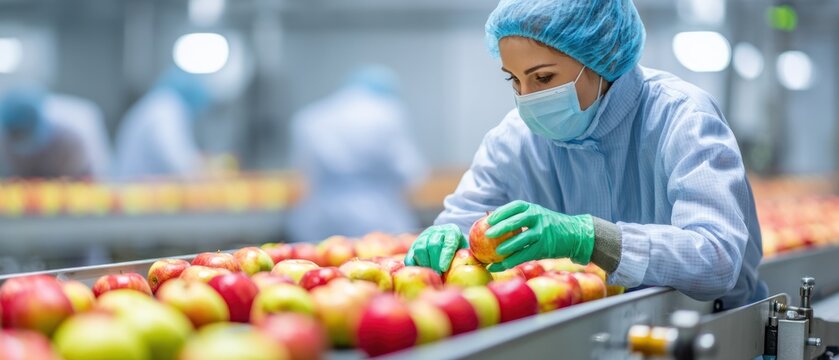 Worker inspecting apples on conveyor belt in food processing plant - Powered by Adobe