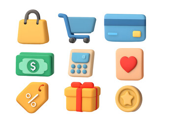 Stylized 3D shopping icons bag, cart, card, money, calculator, heart, tag, gift, coin