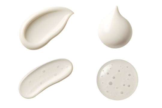 Four beige/white beauty product smears and drops on a black background, glossy textures