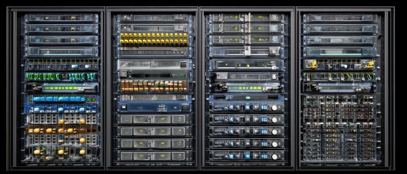 Detailed server racks data center technology computer network digital infrastructure