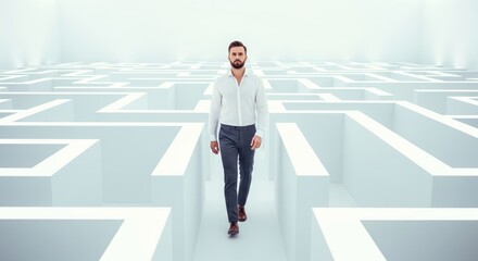 Confident young caucasian male walking through minimalist white maze