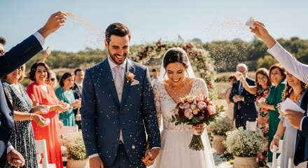 Joyful outdoor wedding celebration with smiling caucasian bride and groom amidst guests