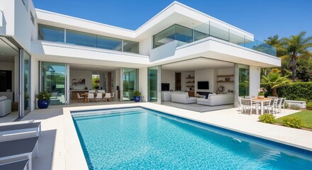Luxurious modern home with pool featuring spacious outdoor living area