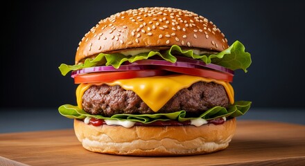 Juicy cheeseburger with lettuce, tomato, and onions on a wooden board