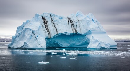 Majestic arctic iceberg in serene ocean landscape under cloudy sky
