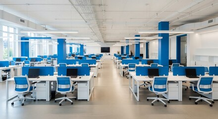 Spacious modern office with blue chairs and white desks in an open-plan layout