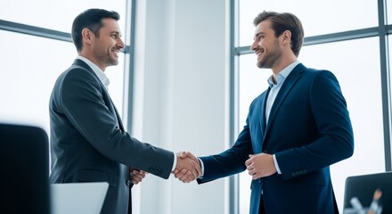 Two young caucasian businessmen in suits shaking hands in modern office