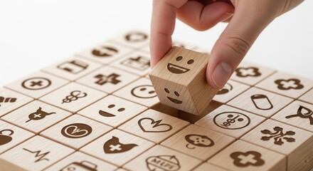 Wooden block puzzle with medical and emoji symbols for creative play