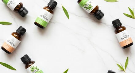 Various tea tree oil bottles with minimalist labels on marble background with green leaves