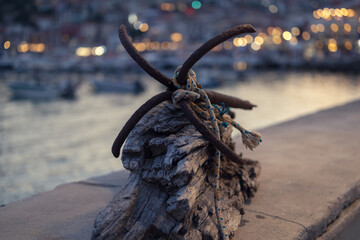 weathered wood and rusted metal knot by the sea at dusk