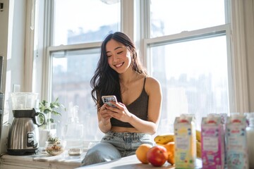 A smiling young woman sits on a kitchen counter, sunlight streaming in through a large window behind her. She uses her phone, fruit and drinks are on the counter