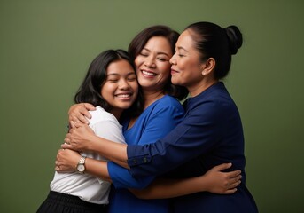 Three Generations Joyful Connection. A heartwarming group of women from diverse ages share an affectionate embrace. This image symbolizes strong familial bonds and pure happiness.