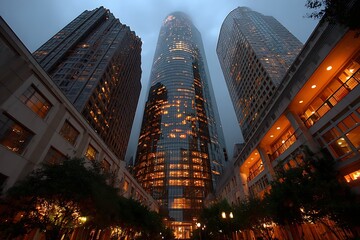 Elegant low angle view city skyscrapers illuminated dusk view  
